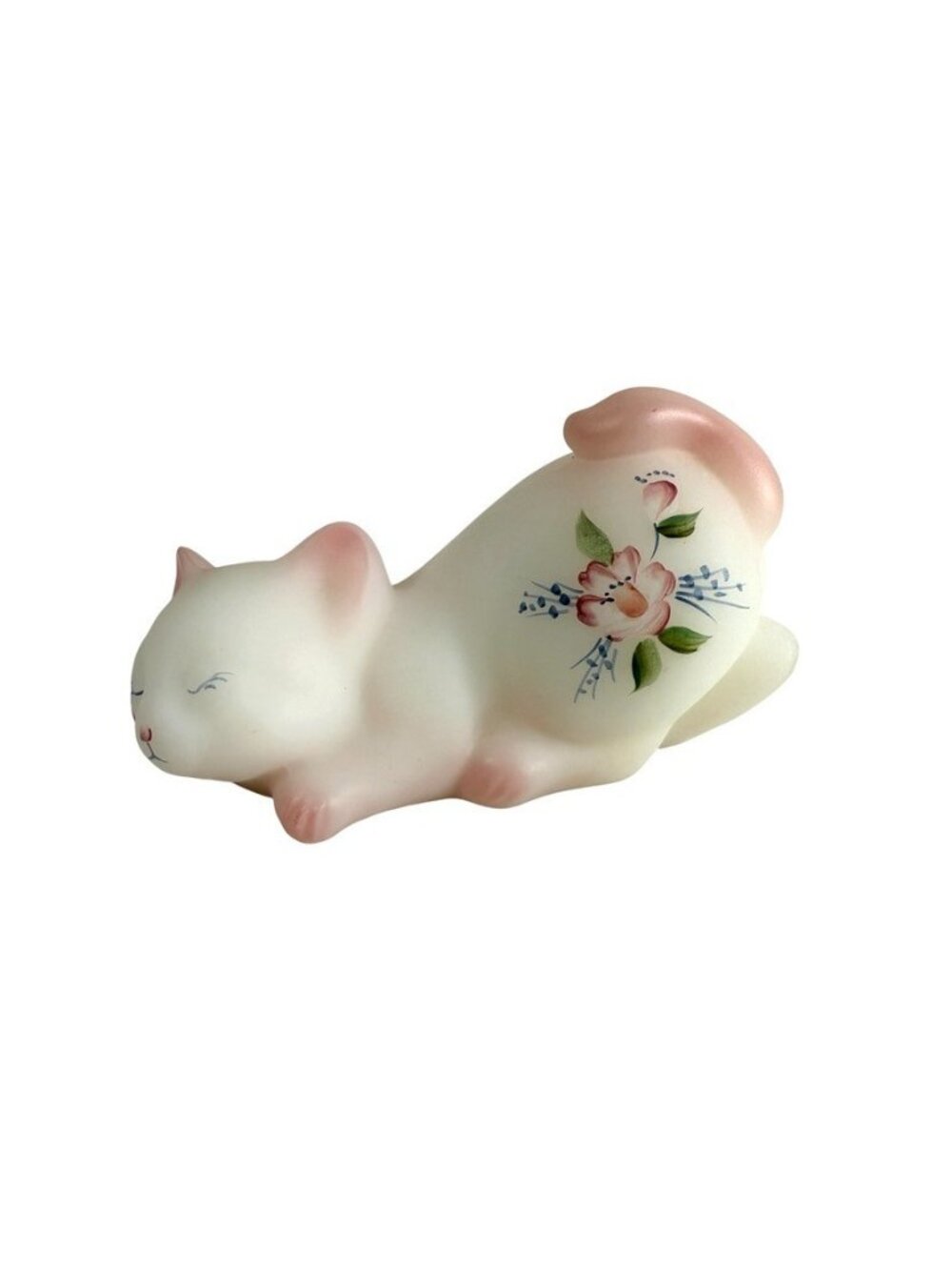 Fenton Sleeping Cat Kitten Figurine Satin Glass Hand Painted With Flowers